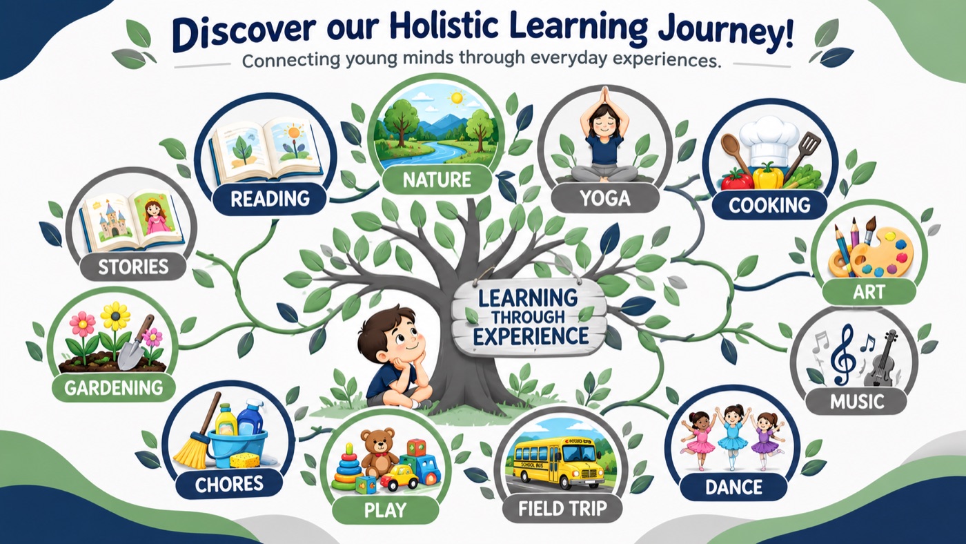 Discover our Holistic Learning Journey — nature, yoga, cooking, art, music, dance, field trips, play, chores, gardening, stories and reading, all connected through learning by experience
