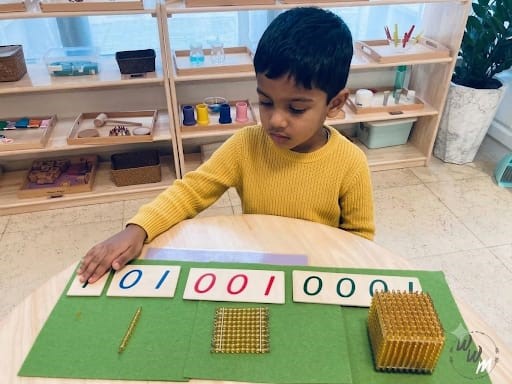 A child working alone with golden bead material and number cards, at his own level