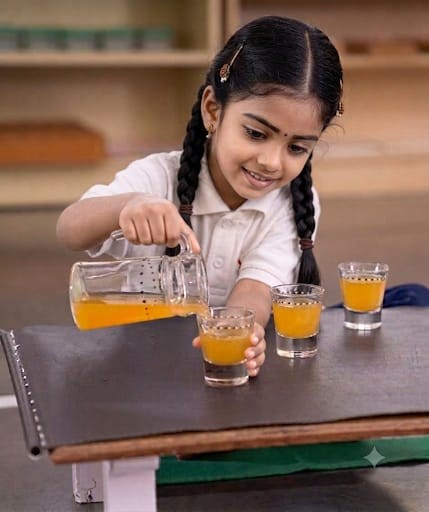 A child carefully pouring juice into glasses sized for her own hands